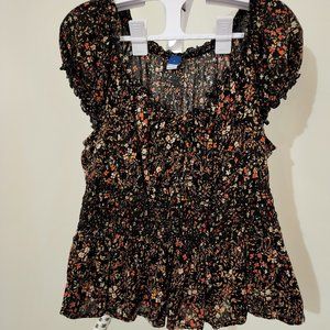 Black floral short sleeved blouse